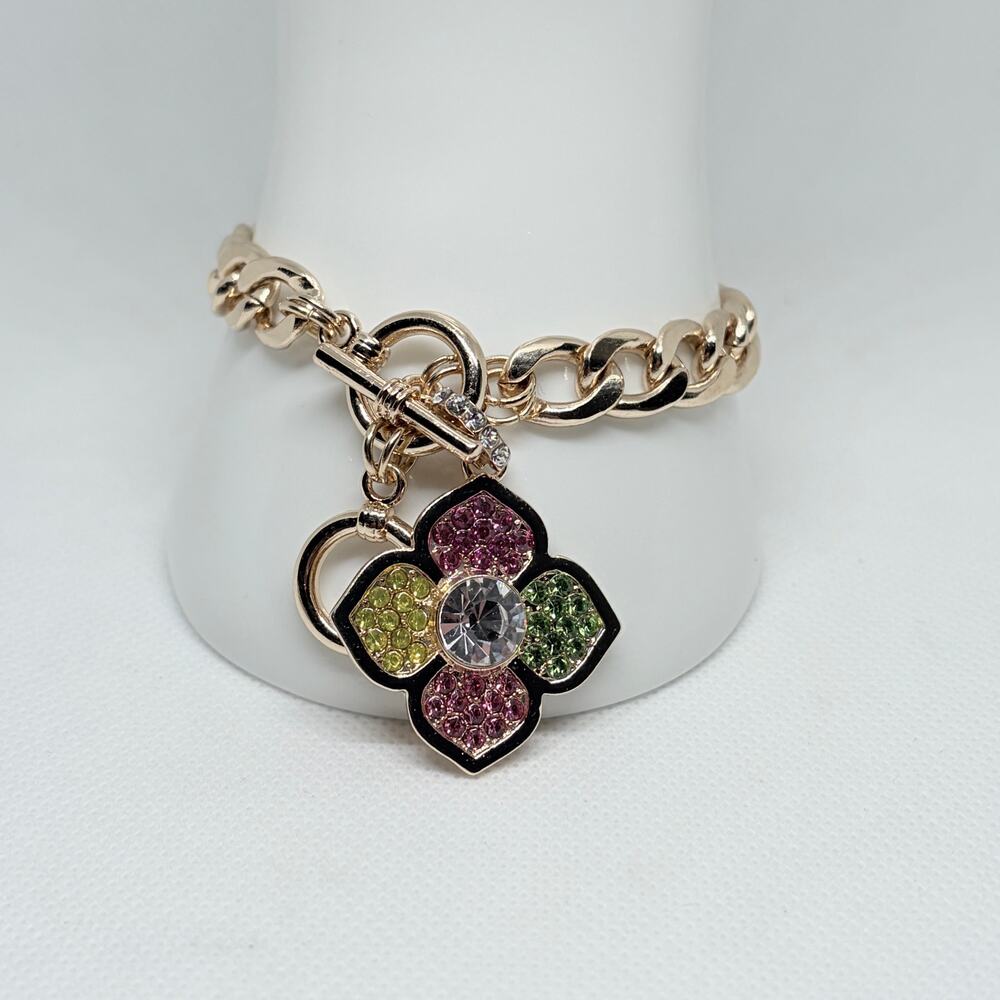 Gold Tone Curb Chain Bracelet Multicolor Crystal Flower Charm Toggle Clasp New
